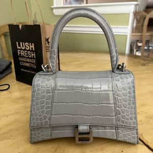 Balenciaga hourglass small croc-embossed top-handle bag grey